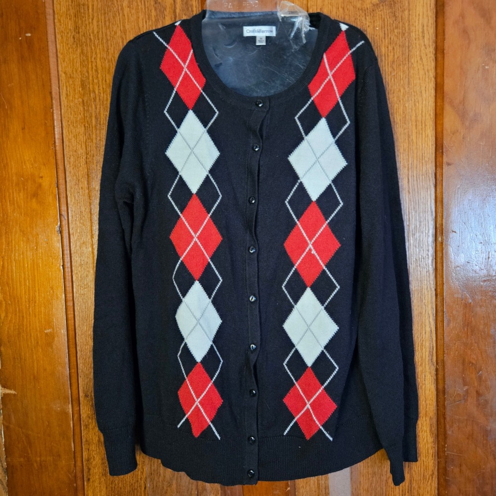 Croft & Barrow Cardigan Womens Medium Black Red White Argyle Knit Preppy Sweater